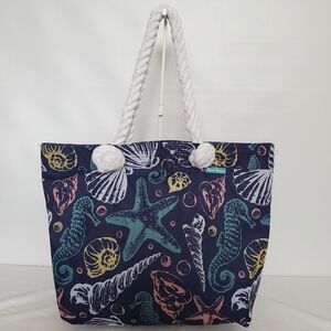 BEACH BASICS BEACH TOTE BAG SEASHELLS ROPE-HANDLES NAVY